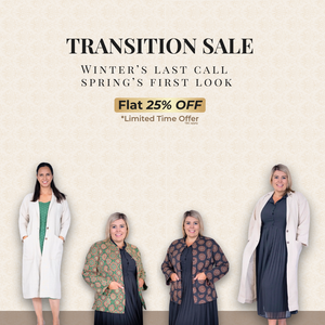 Advertisement for a transition sale with four women modeling clothing against a beige background.
