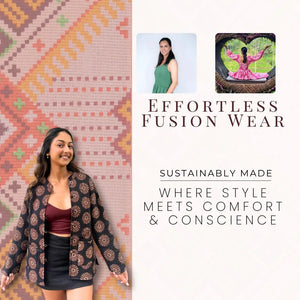 Woman wearing a patterned jacket standing next to text about 'Effortless Fusion Wear' with images of people and a colorful pattern.