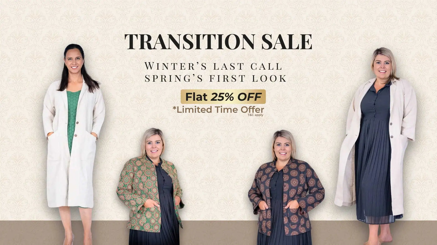 Promotional banner for a transition sale with four women modeling clothing.